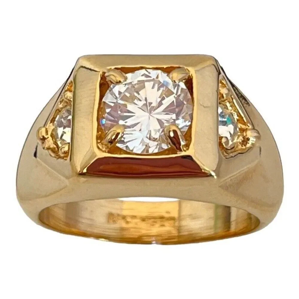 Vintage 1970s Ring Size 9 CZ Square Prong Set Gold Plated Band - 14O